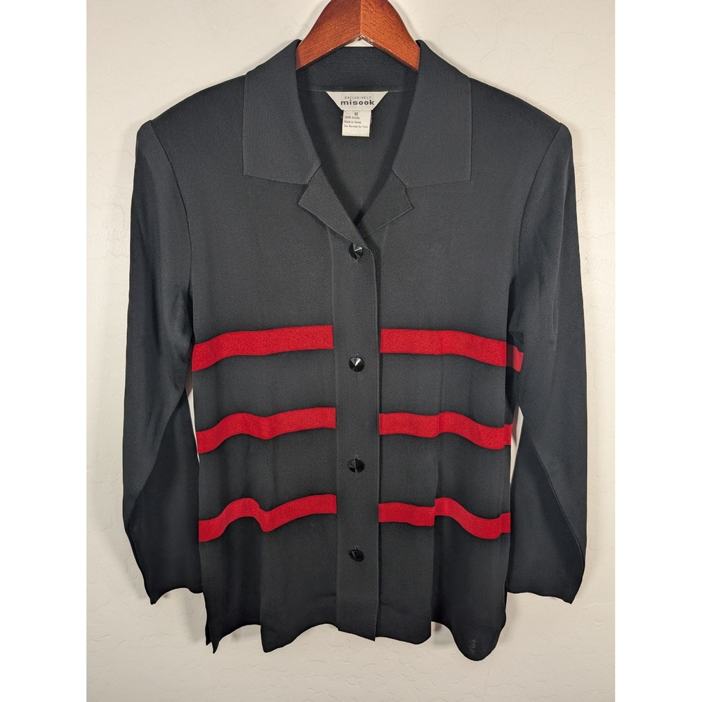 Misook‎ Sweater Womens Medium Black Red Button Up Collared Long Sleeve Knit Top